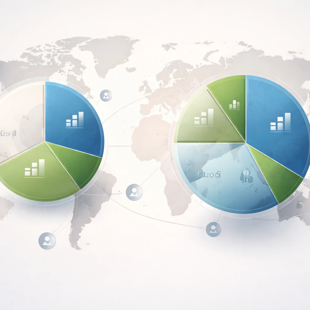 World map with contrasting domestic and global allocation pie charts highlighting geographic and currency diversification.