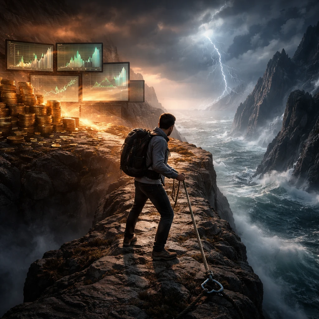 A trader stands on a precarious ridge between alluring gains and looming market risk, weighing safety against overexposure.