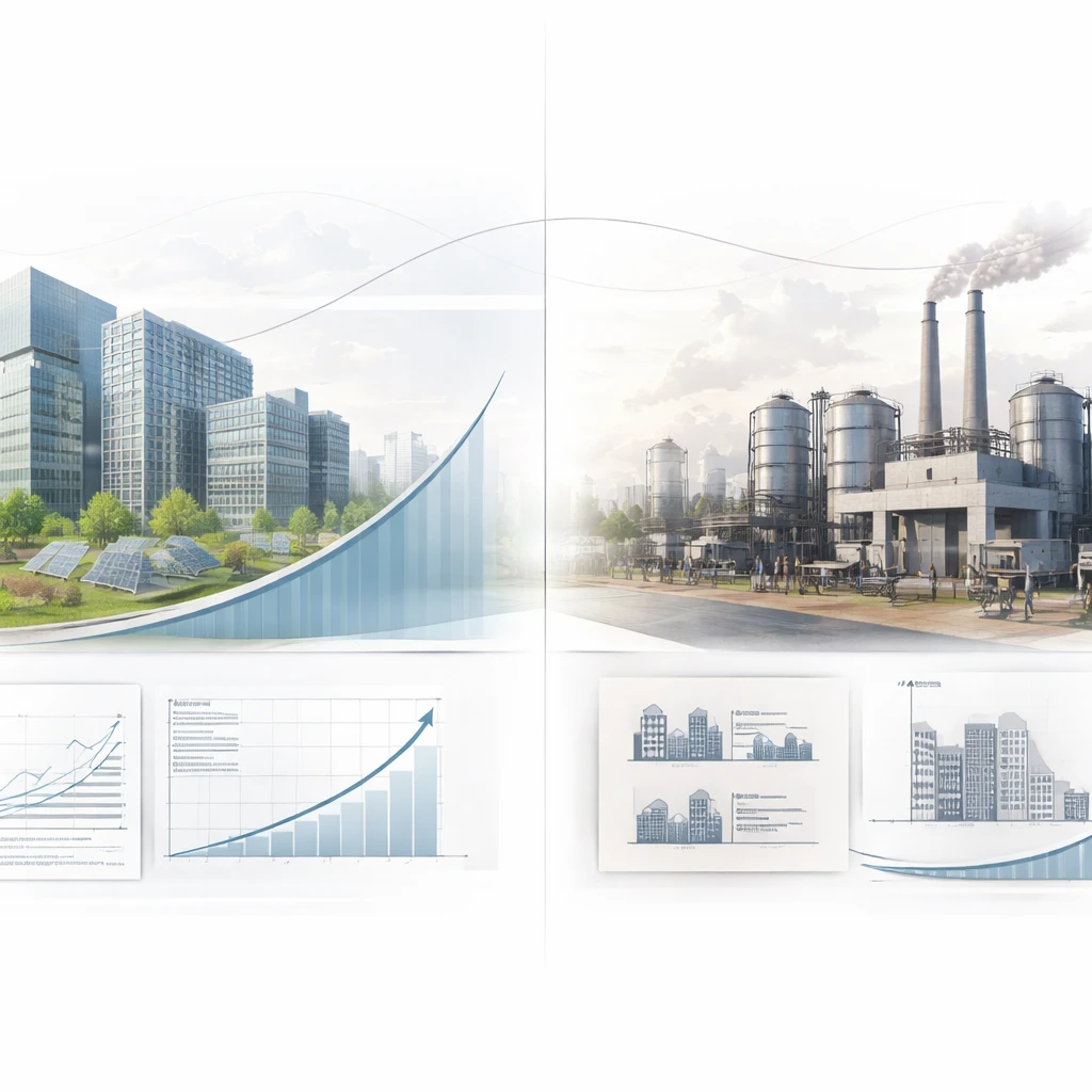 Comparison of growth and value valuation models with long- and short-duration cash flow curves in technology and industrial settings.