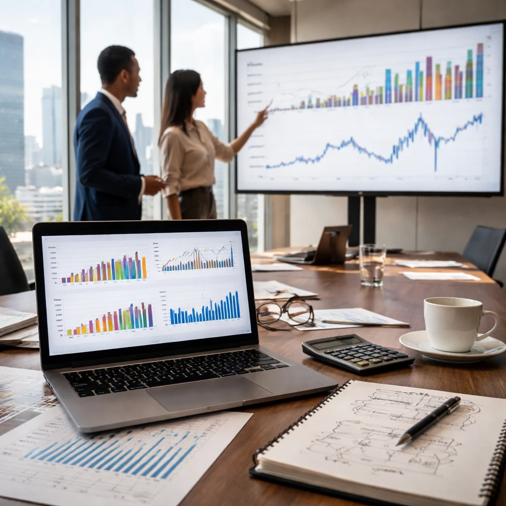 Analysts reviewing quarterly guidance and market reaction charts in a glass-walled conference room.