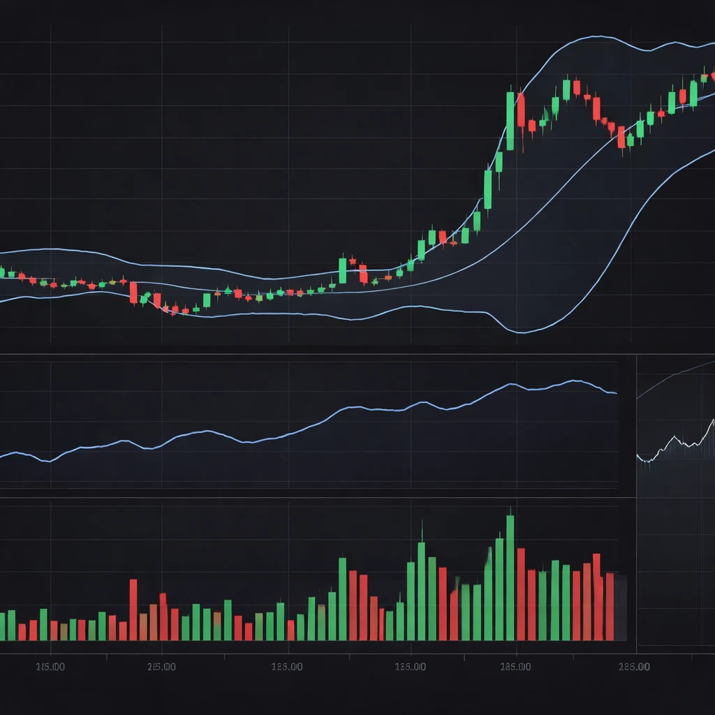 Multi-panel financial chart showing wide candlesticks, expanding Bollinger Bands, rising ATR, and spiking volume bars characteristic of high volatility.