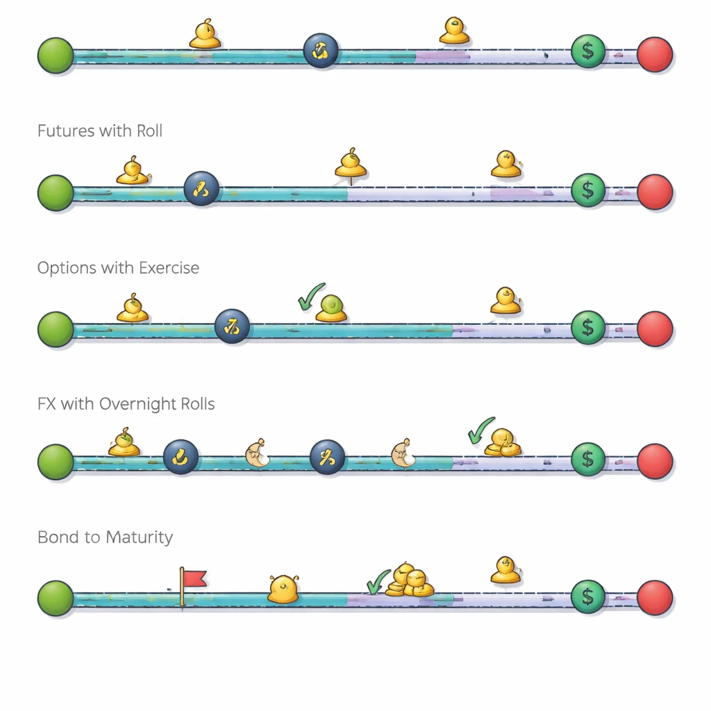 Illustration of parallel timelines depicting holding periods for different instruments with entry and exit markers and time-based events.