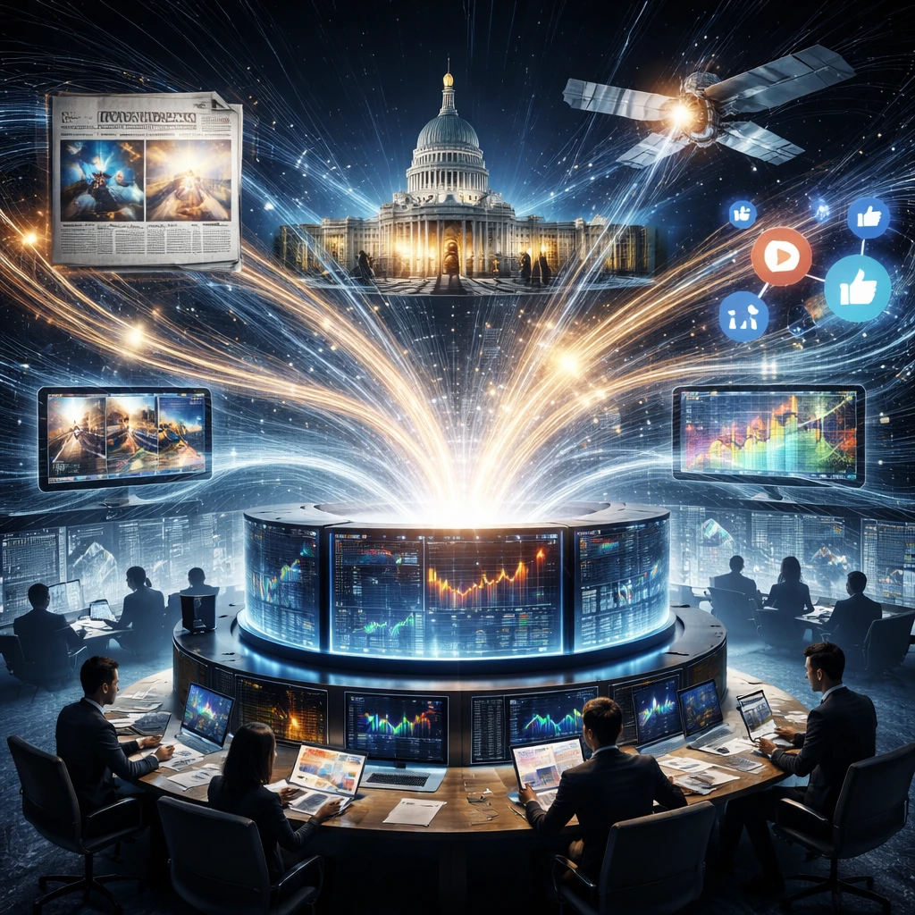 Abstract visualization of diverse news sources feeding into financial markets with interconnected charts and price movements, no text.