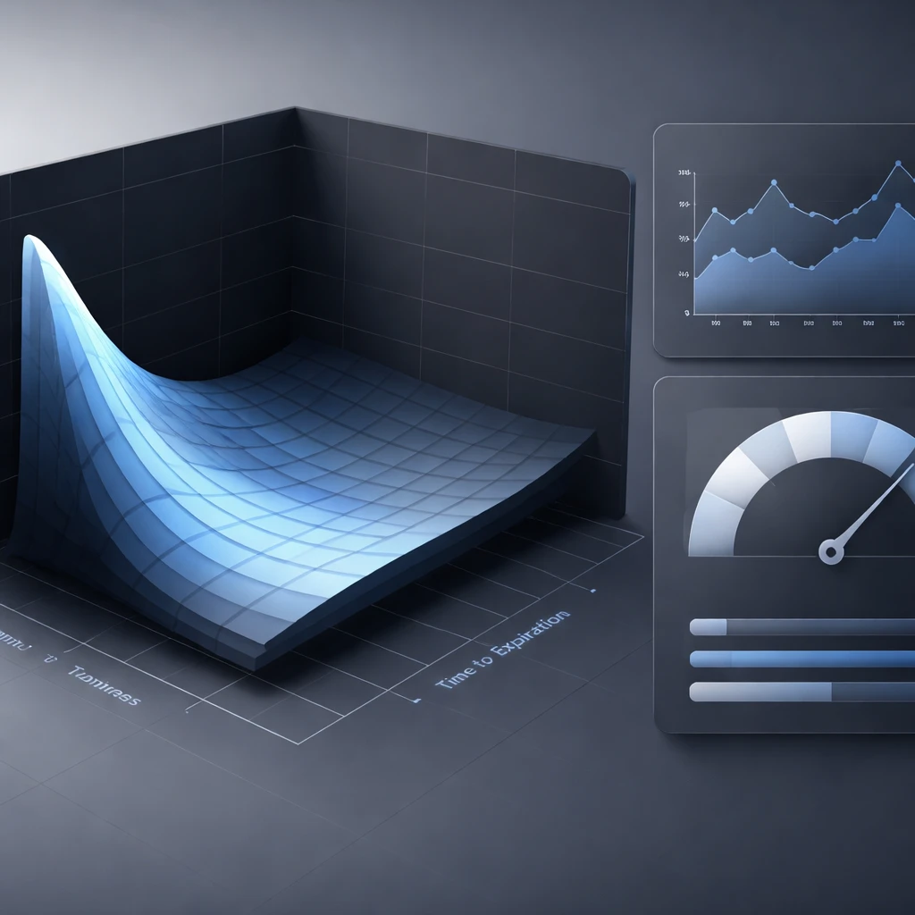 3D implied volatility surface with skew, alongside small charts comparing implied and realized volatility and a percentile gauge.