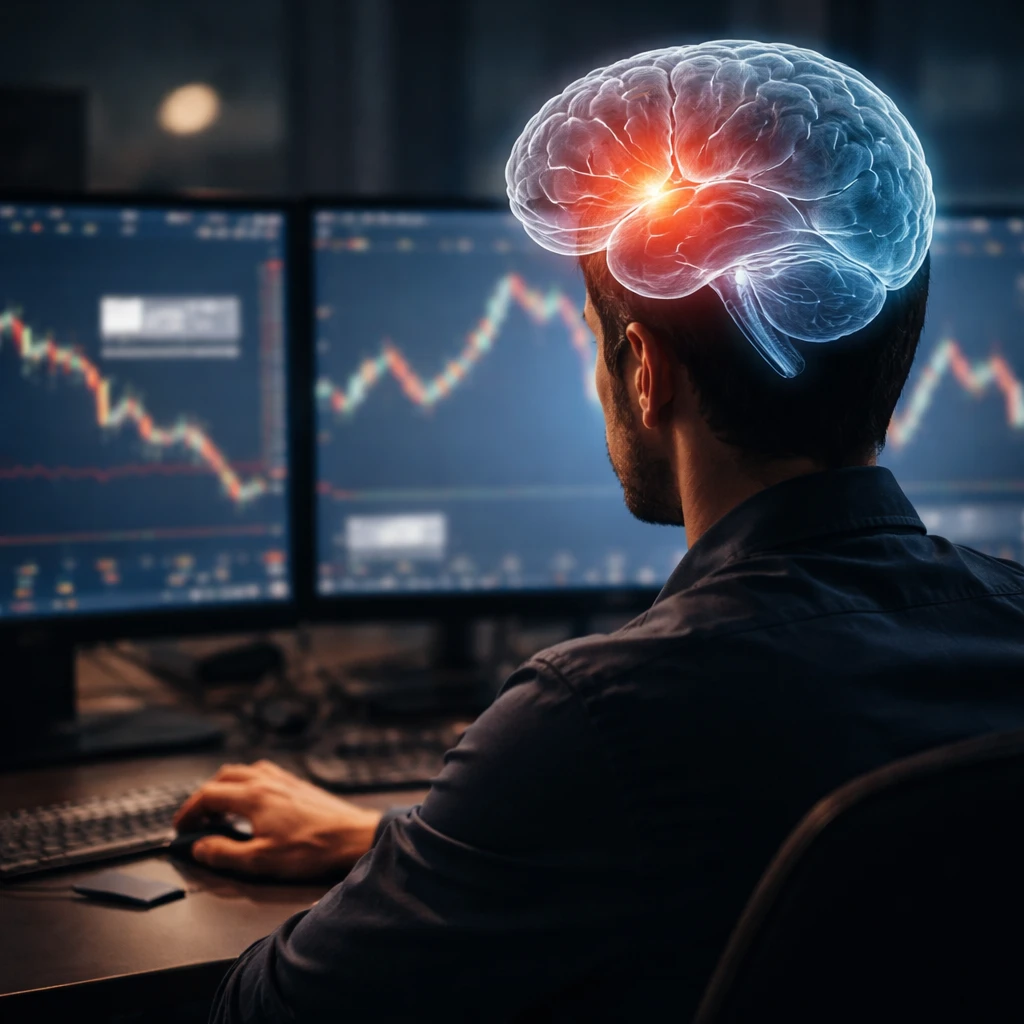 A trader pauses before clicking amid blurry charts, with a translucent brain overlay highlighting emotion and control centers.