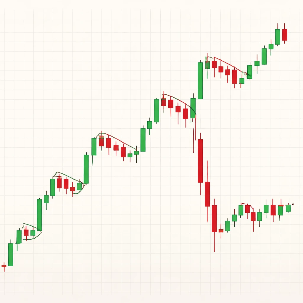 Candlestick chart illustrating alternating impulsive and corrective price waves with strong moves and consolidations.