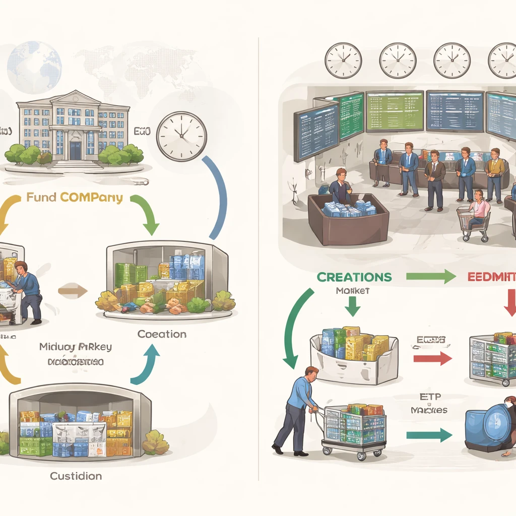 Illustration contrasting index mutual fund end-of-day NAV processing with intraday ETF trading and creation-redemption mechanics.