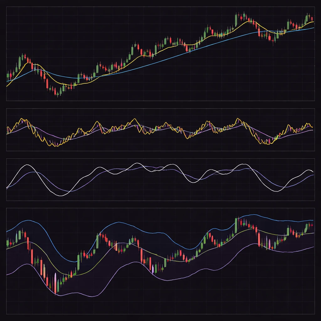 Comparison of technical indicator settings on the same price chart showing moving averages, RSI lengths, and Bollinger Bands reacting at different speeds.