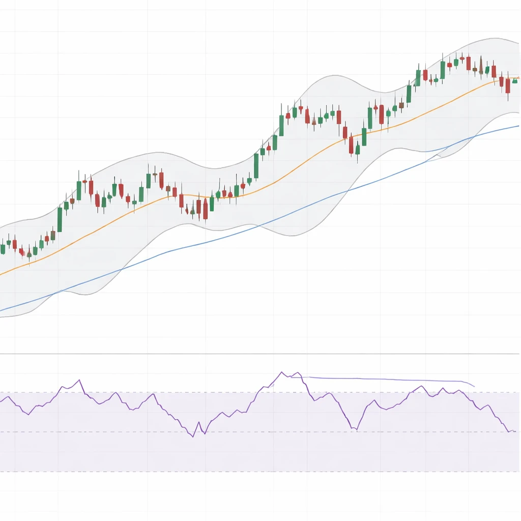 Candlestick chart with moving averages, Bollinger Bands, and an RSI panel showing divergence beneath the price.