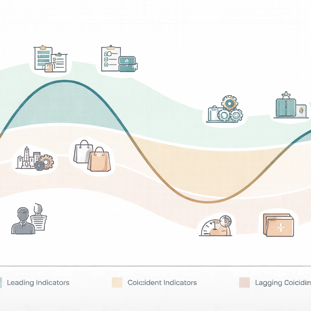 Conceptual graphic showing leading, coincident, and lagging macroeconomic indicators aligned along a business cycle timeline.