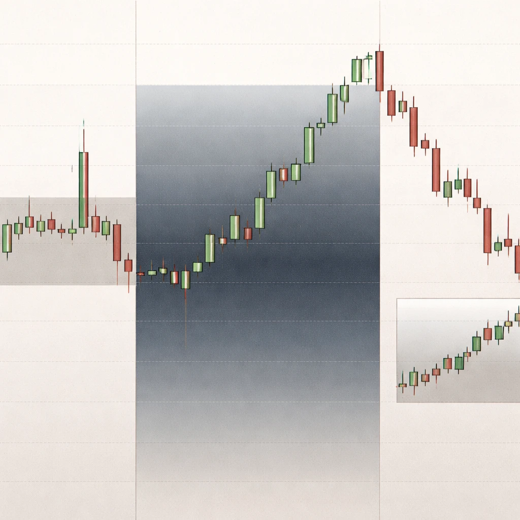 Candlestick chart depicting a false breakout, a gap after compression, and a lower-timeframe uptrend within a higher-timeframe downtrend to illustrate limitations of pure price action.