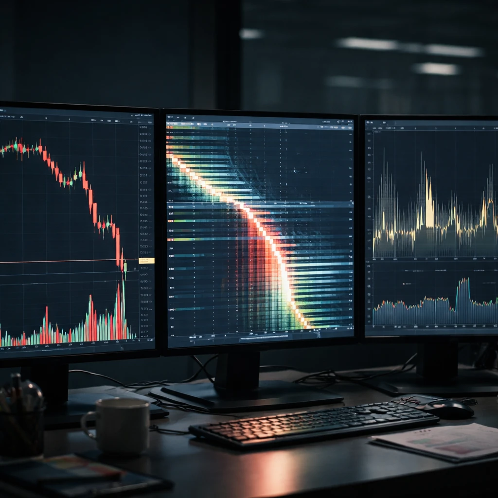 Trading workstation with charts showing a gap and thinning order book depth, illustrating the limitations of stop losses.
