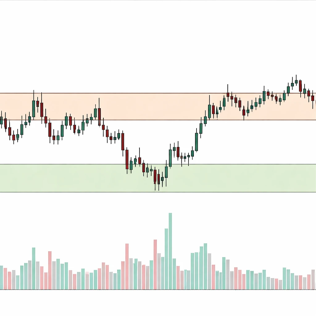 Candlestick chart illustrating support and resistance zones with false breaks and a gap above resistance.