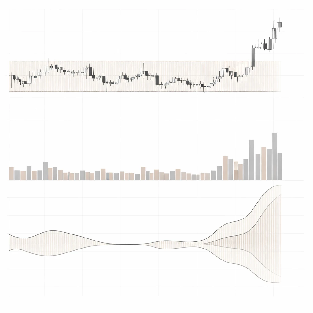 Chart depicting consolidation with multiple failed breakouts and one sustained breakout, alongside rising volume and expanding volatility.