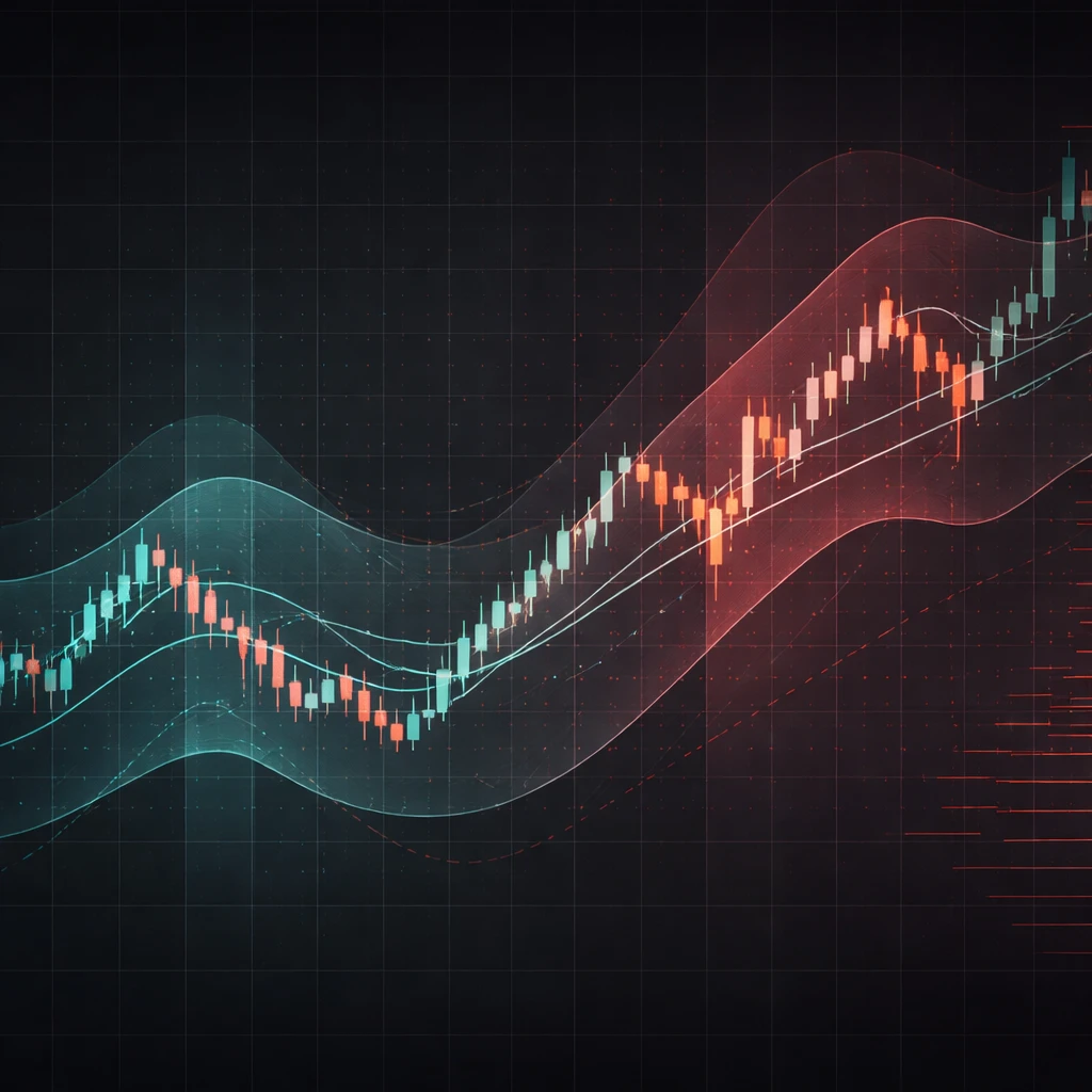 Stylized chart of a mean-reverting price spread oscillating around a shifting mean with visual cues for liquidity and transaction costs.