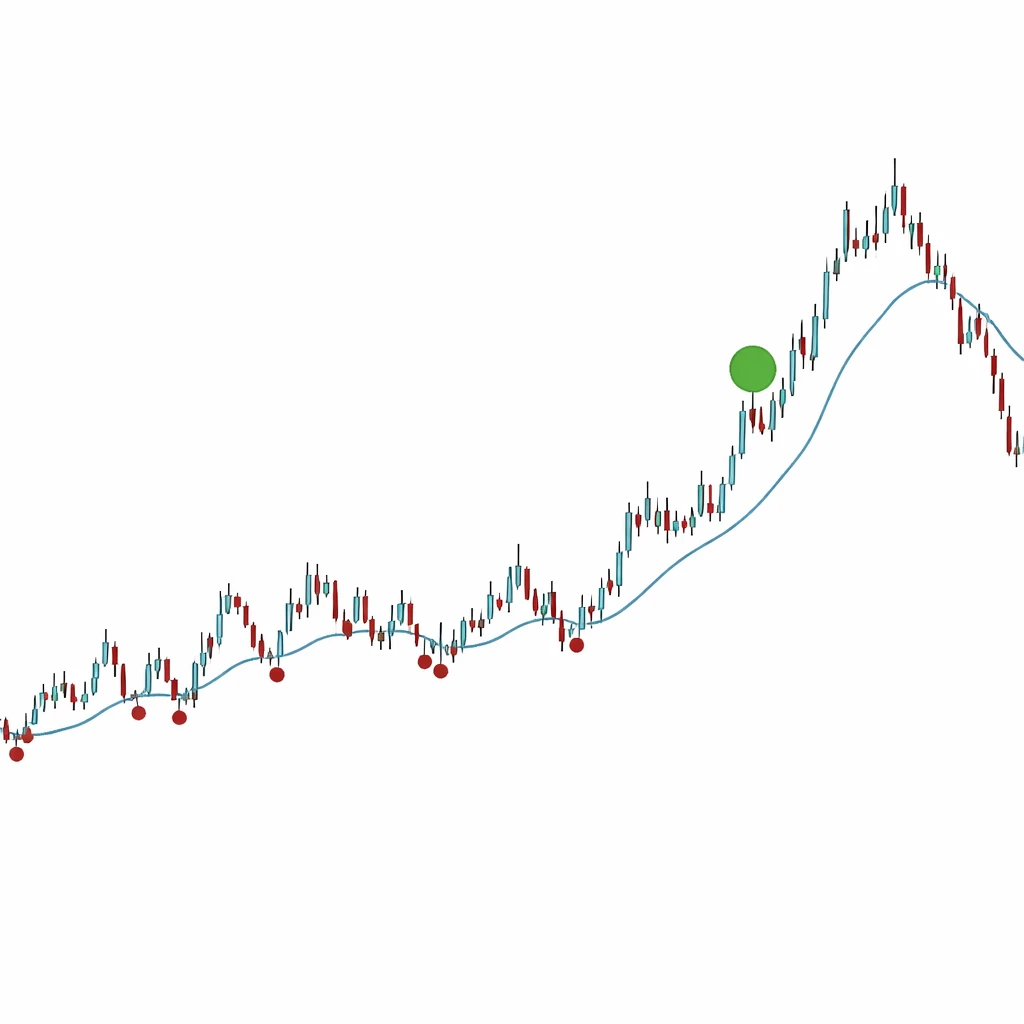 Stylized price chart showing choppy ranges with whipsaws and one sustained breakout captured by a lagging trend line.