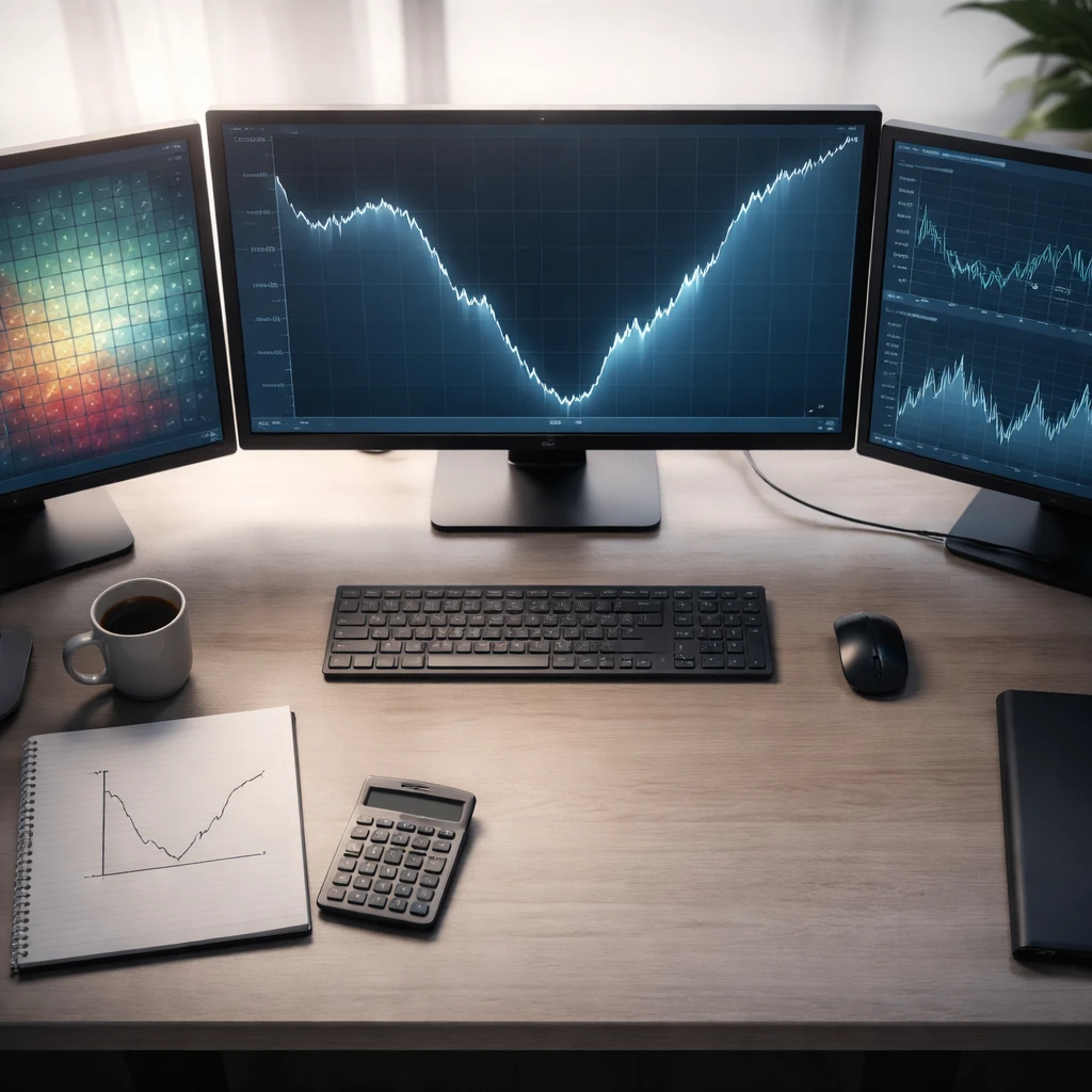 Overhead view of a trading workstation showing charts with a clear drawdown and recovery pattern, suggesting risk monitoring without any text labels.