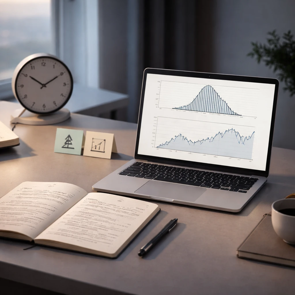 A trading workspace featuring a probability chart, an equity curve, and an open decision journal that conveys a focus on long-term expectancy.