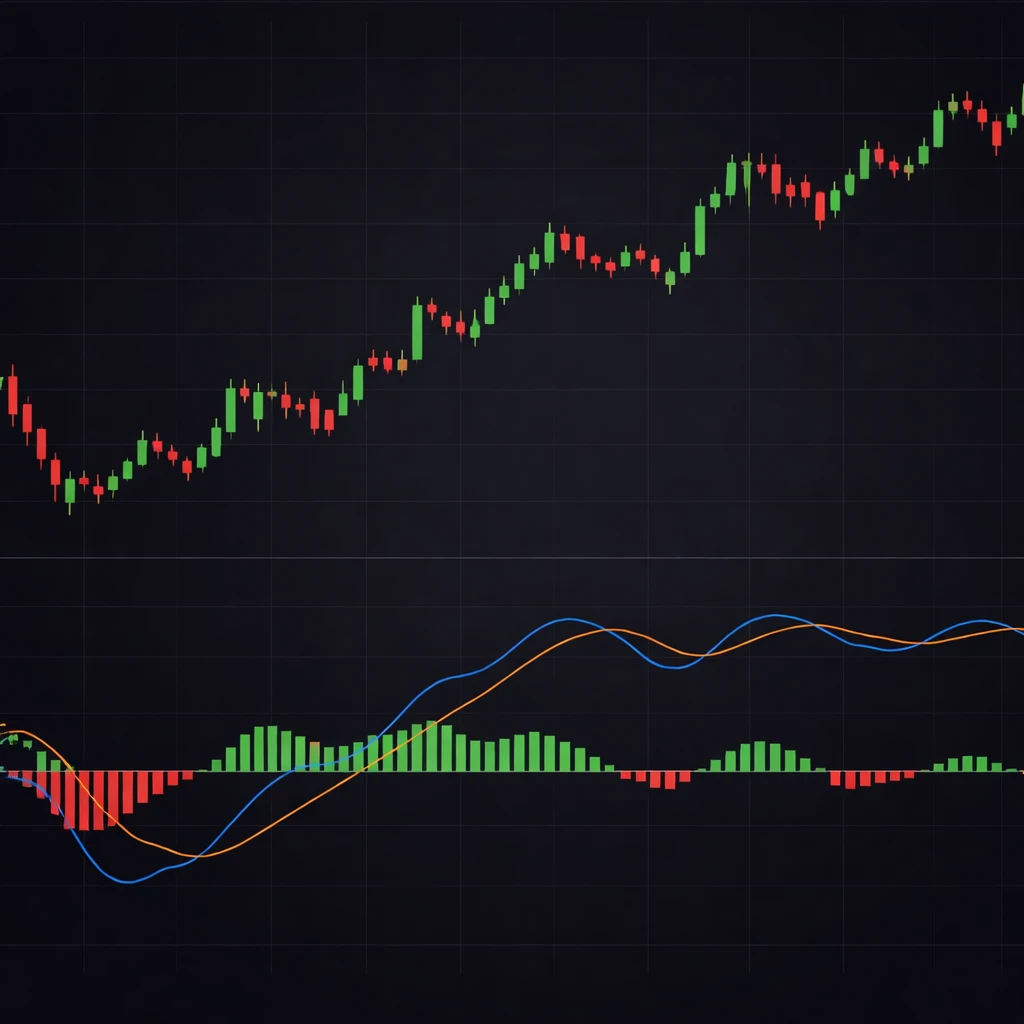Candlestick chart with MACD line, signal line, and histogram illustrating momentum shifts and zero-line context.