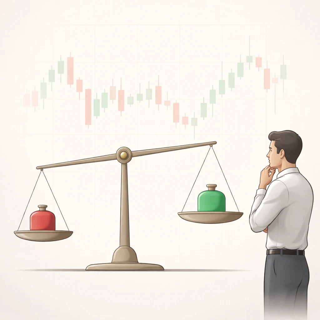 Concept illustration of a trader observing a balance scale where a small red weight outweighs a larger green weight, symbolizing loss aversion in markets.