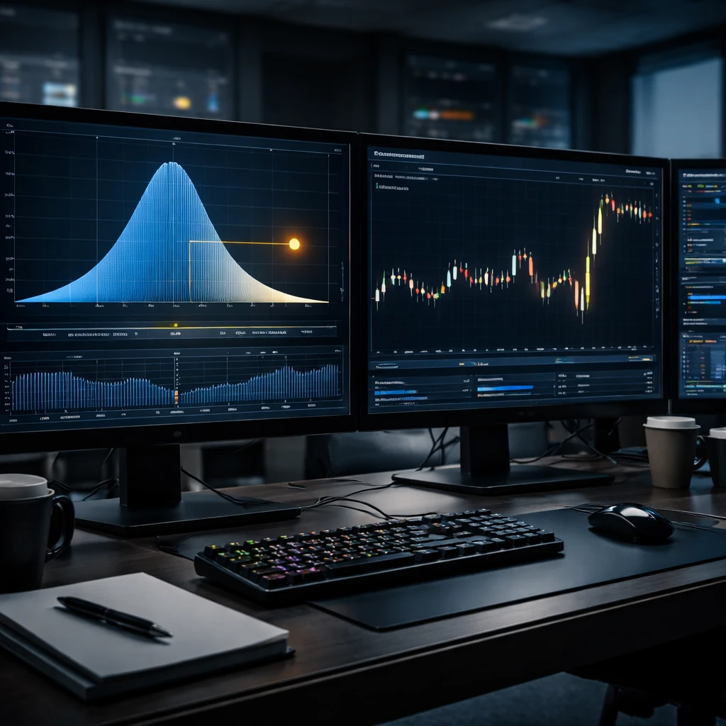 Trading desk screens displaying a probability curve of expectations alongside a price chart reacting to an event outcome.