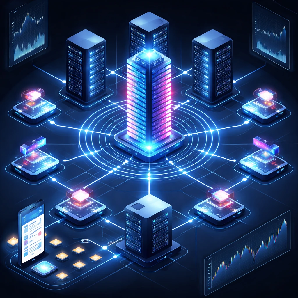 Isometric visualization of market makers streaming two-sided quotes into an electronic order book across interconnected venues.