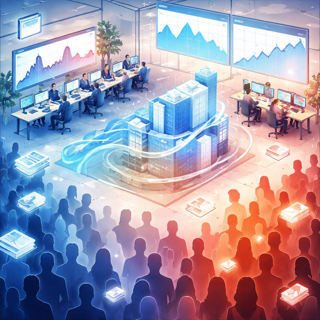 Illustration of a financial newsroom showing investors, charts, and a color gradient crowd representing market sentiment.