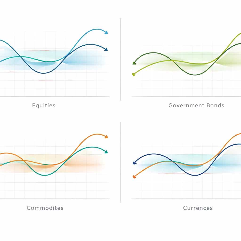Stylized charts of equities, bonds, commodities, and currencies showing divergences that converge back toward mean bands.