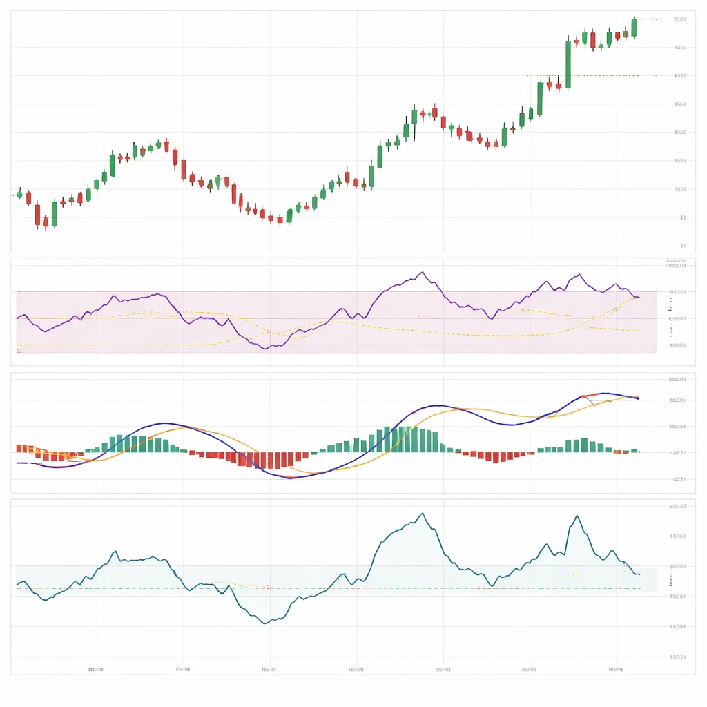 Price chart with subpanels of RSI, MACD, Stochastic, and Rate of Change illustrating momentum rising and then fading.