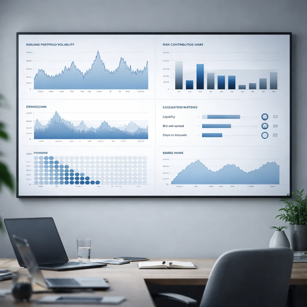 Data dashboard visualizing portfolio risk metrics over time, including volatility, drawdown, correlations, and risk contributions.