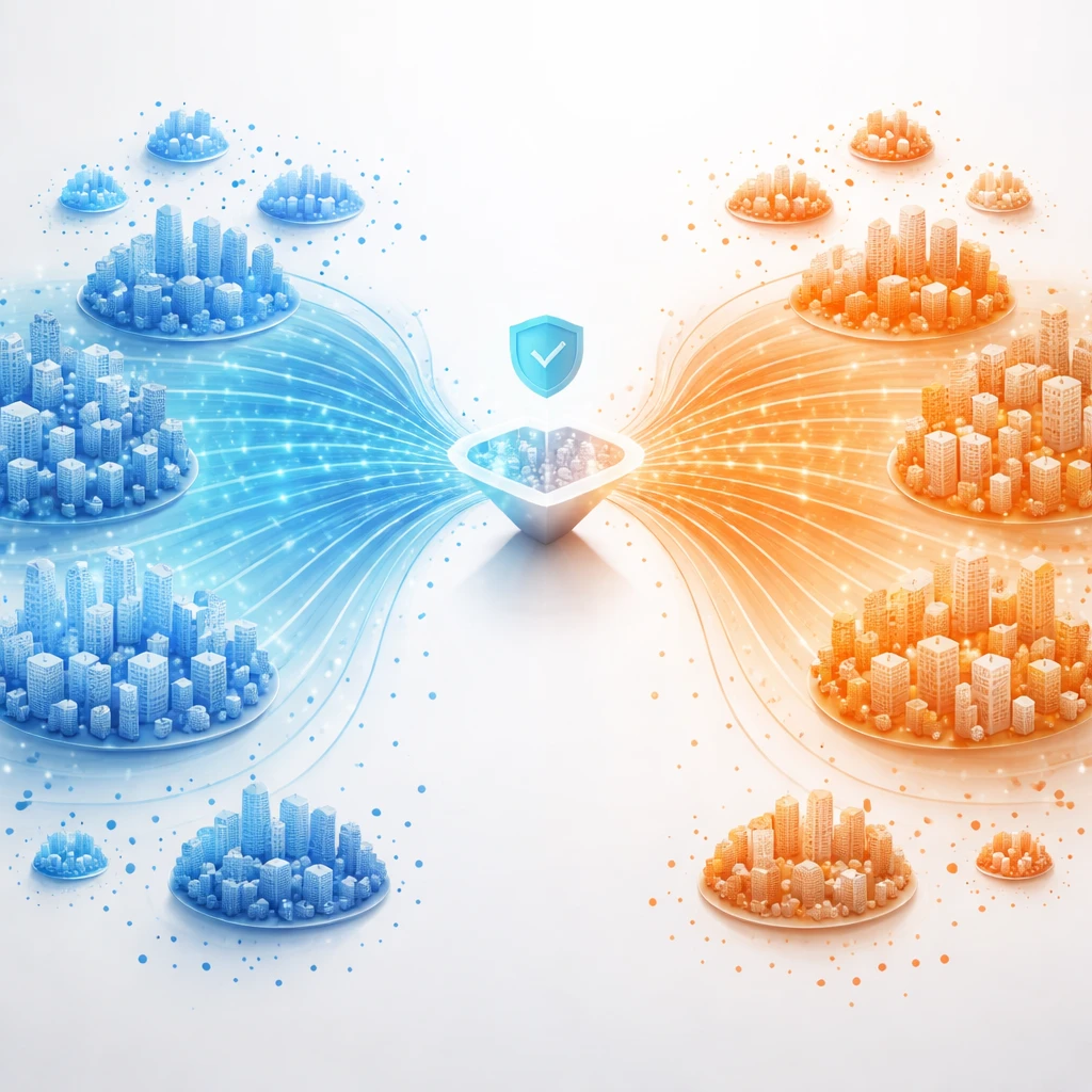 Visualization of a two-sided platform network with dense central clusters and sparser edge clusters showing network effects and liquidity.
