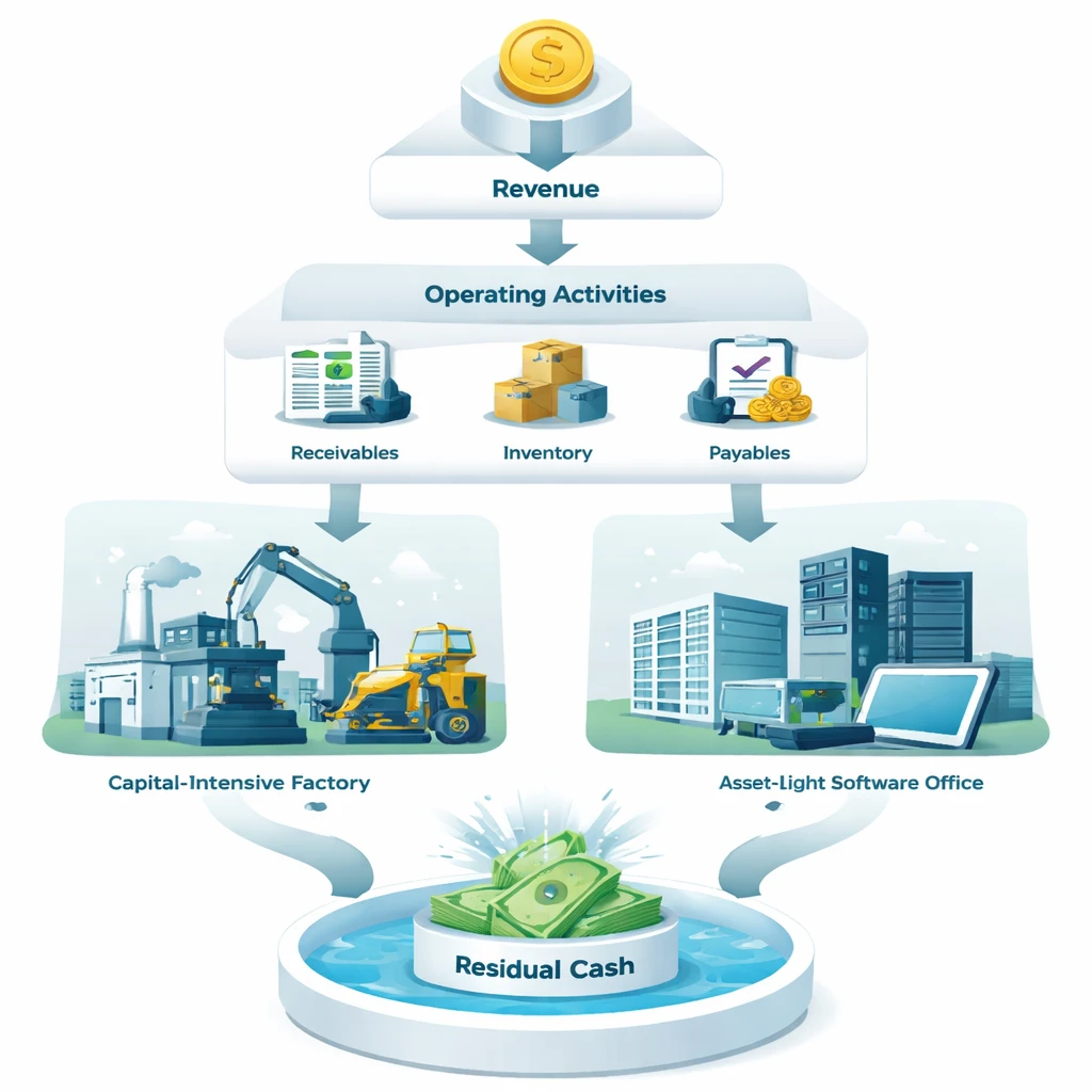 Conceptual illustration of the cash flow waterfall from operations to free cash flow across capital-intensive and asset-light business models.