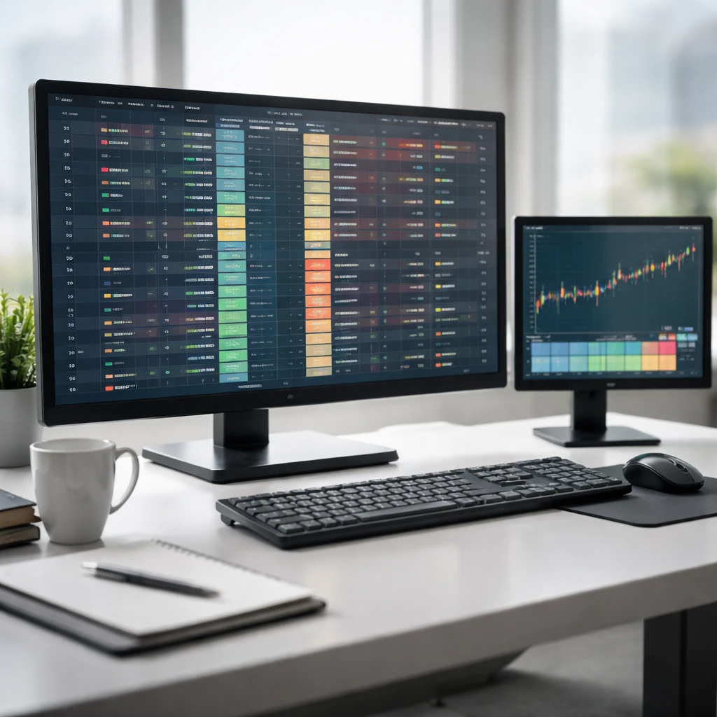 A trading workstation displaying an abstract, text-free options chain grid with colored cells on a monitor.