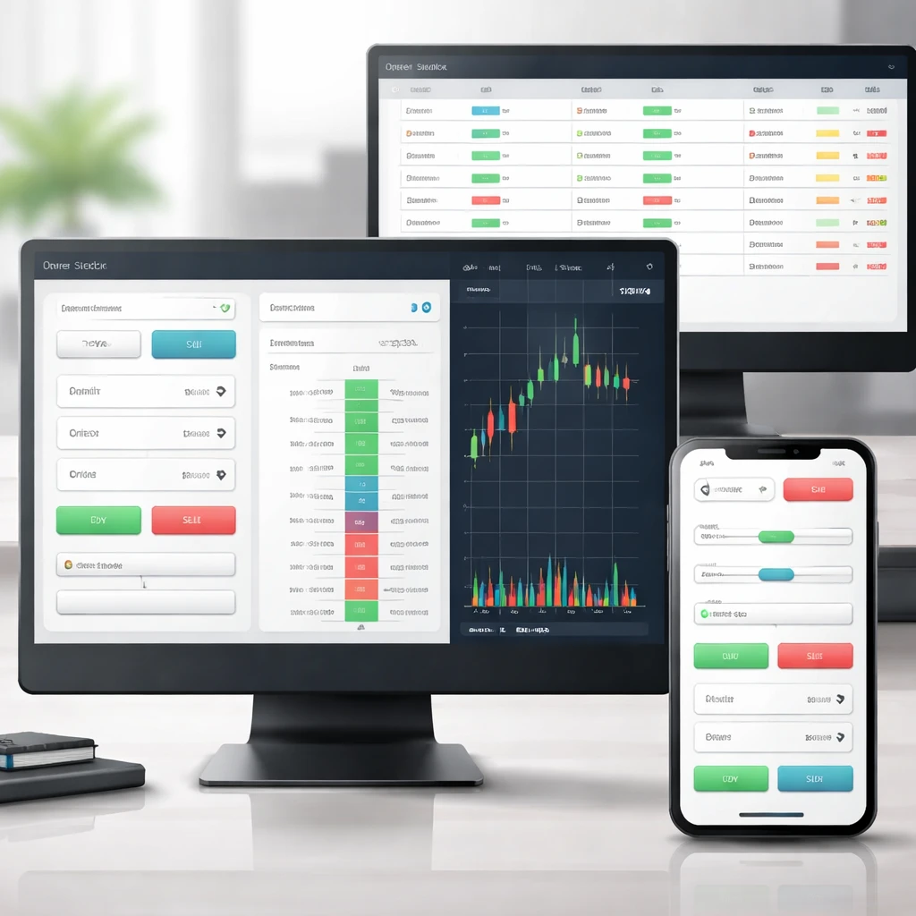 Composite scene of trading order entry interfaces, including a desktop ticket, a depth-of-market ladder, a mobile trade panel, and an order blotter, shown without any on-screen text.