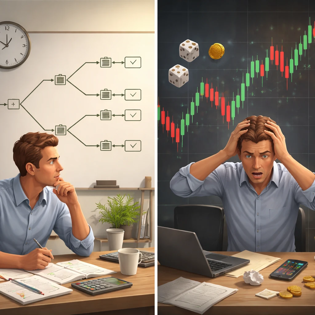 Contrasting process-focused evaluation with outcome-focused reaction in a trading context.