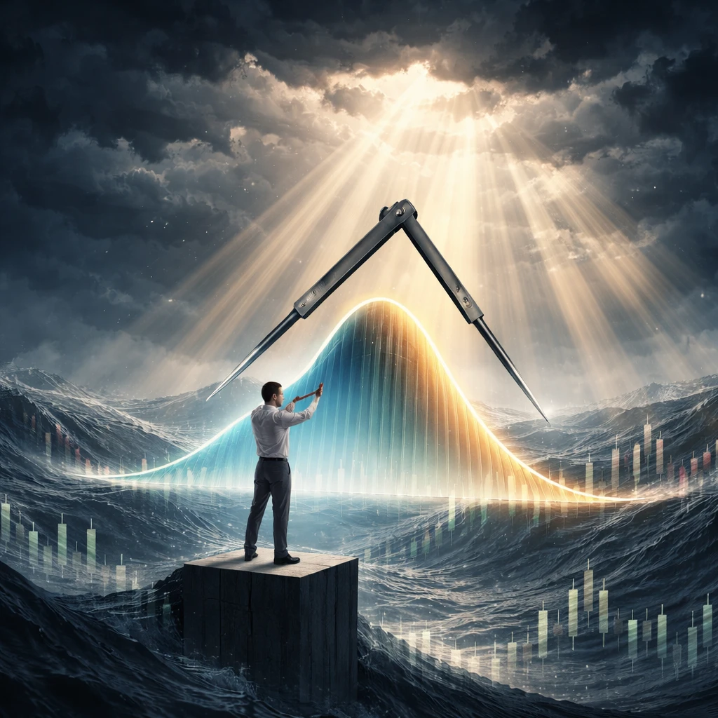 Abstract depiction of overconfidence: an analyst on a high platform uses narrow calipers to measure a wide, shifting probability curve above volatile, wave-like market graphs.