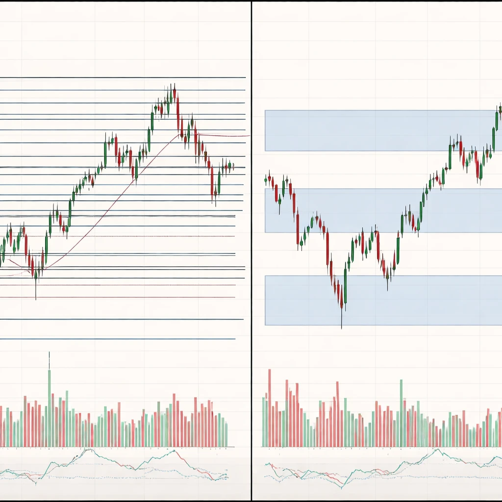 Comparison of an overfitted chart with many support and resistance lines versus a simplified chart with broad zones.