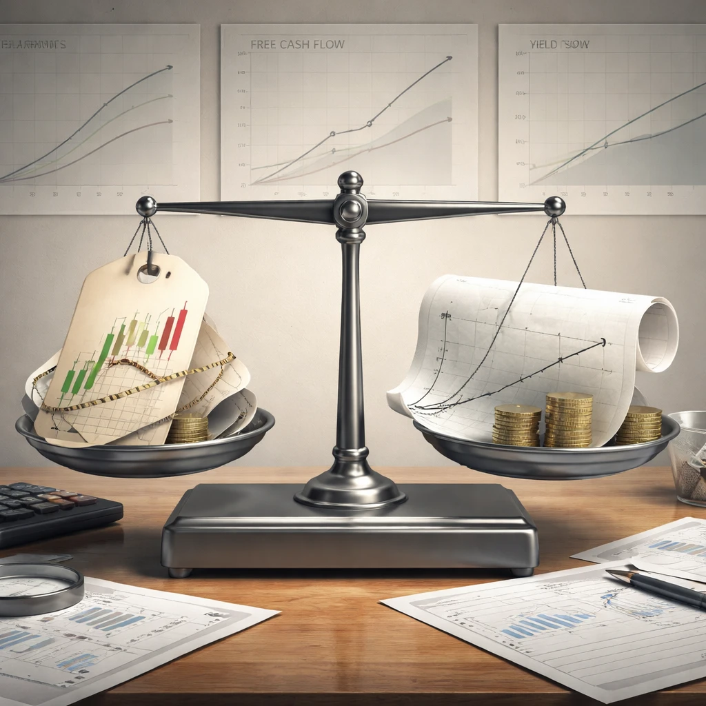 Analytical balance scale comparing market price symbols with intrinsic value elements like cash flow diagrams and coins.
