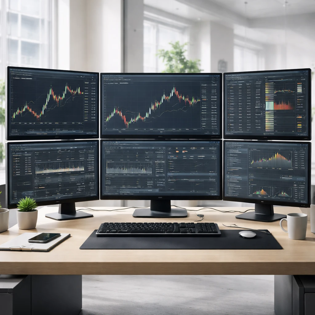 Multi-monitor workstation showing a realistic paper trading interface with charts, order panels, and portfolio analytics, without readable text.