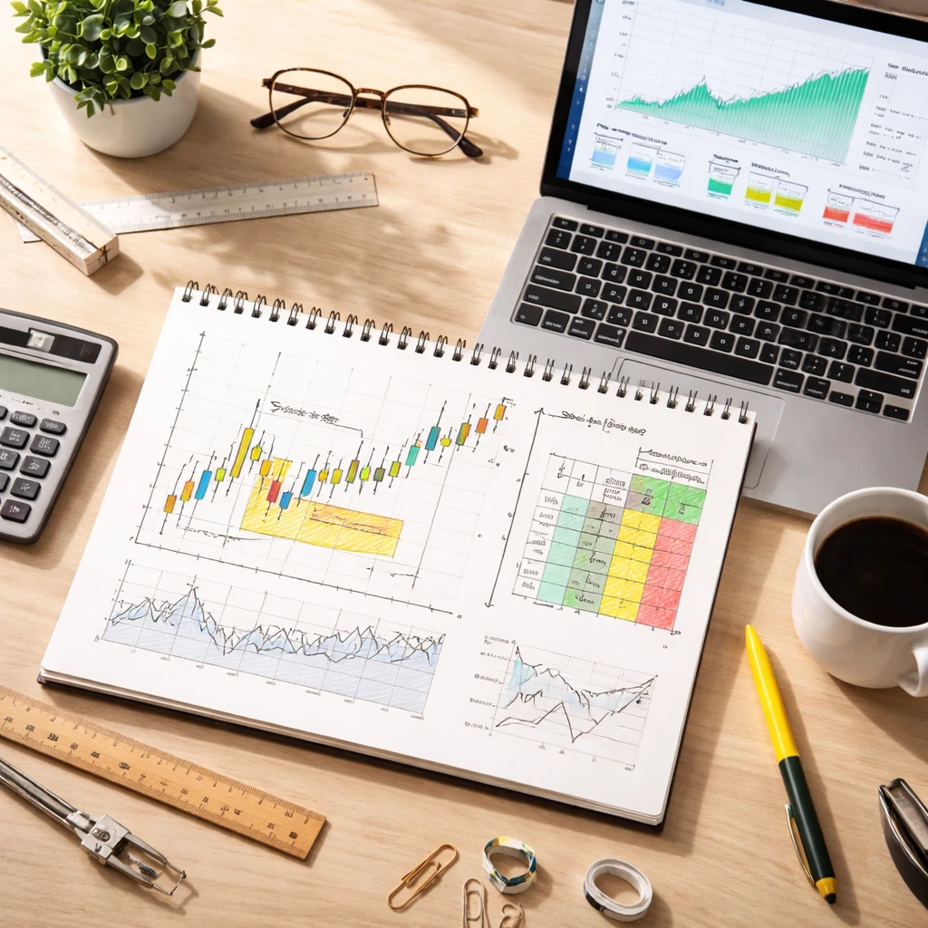 Overhead view of a trading desk with charts, calculator, and visual elements representing risk distance and position sizing.