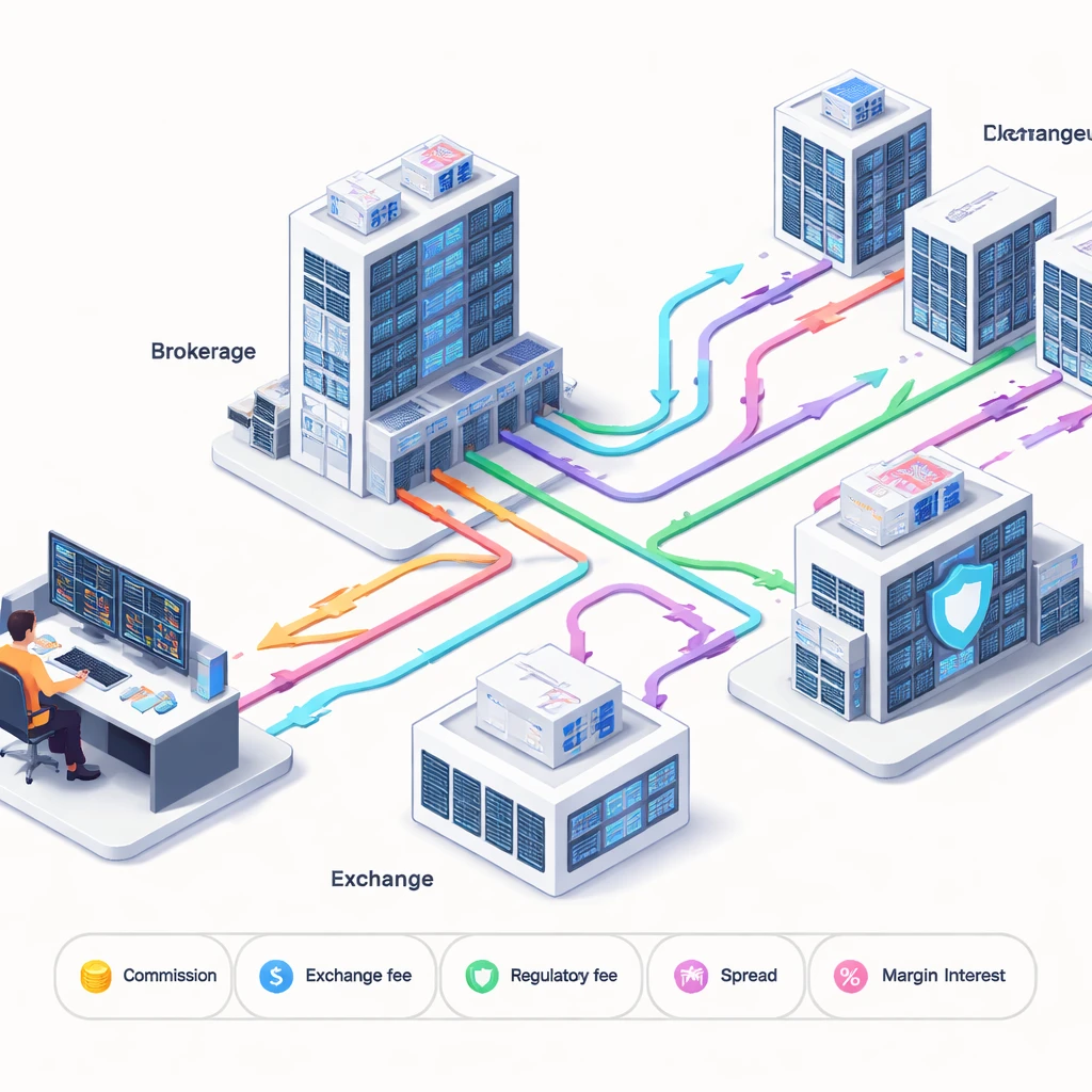 Illustration of the flow of an order through broker, exchanges, and clearinghouse with visual cues for different fees.