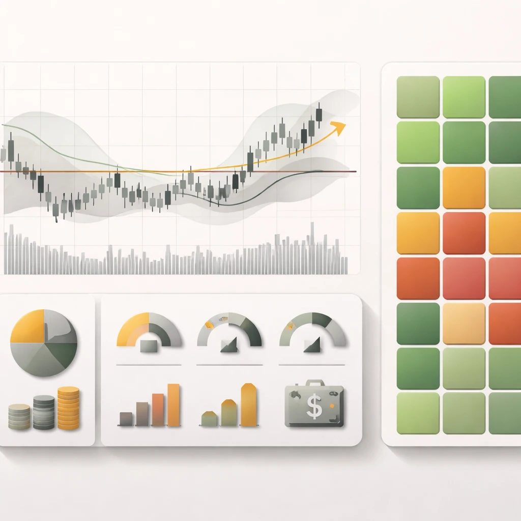 Abstract illustration of a price breaking out of a range with volatility bands, next to a risk budget diagram and a portfolio exposure heat map.