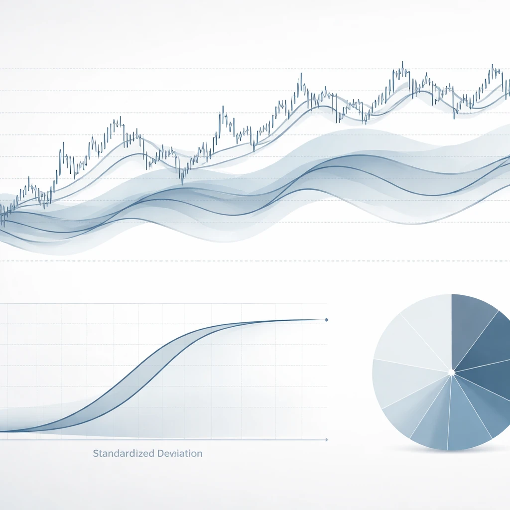 Illustration of oscillating price series around a mean line with an S-shaped position sizing curve and a risk budget graphic.