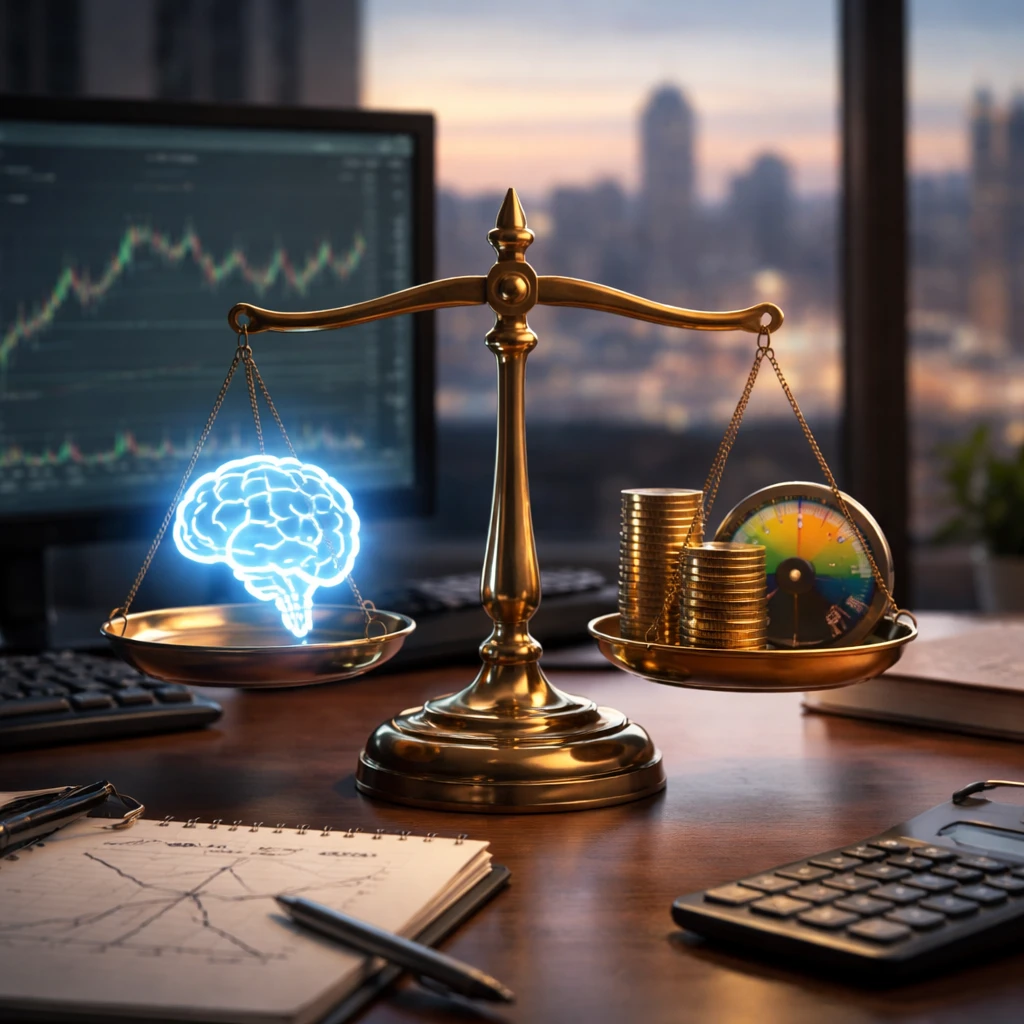 A balance scale with a brain icon on one side and stacked coins with a risk gauge on the other, set on a trader’s desk.