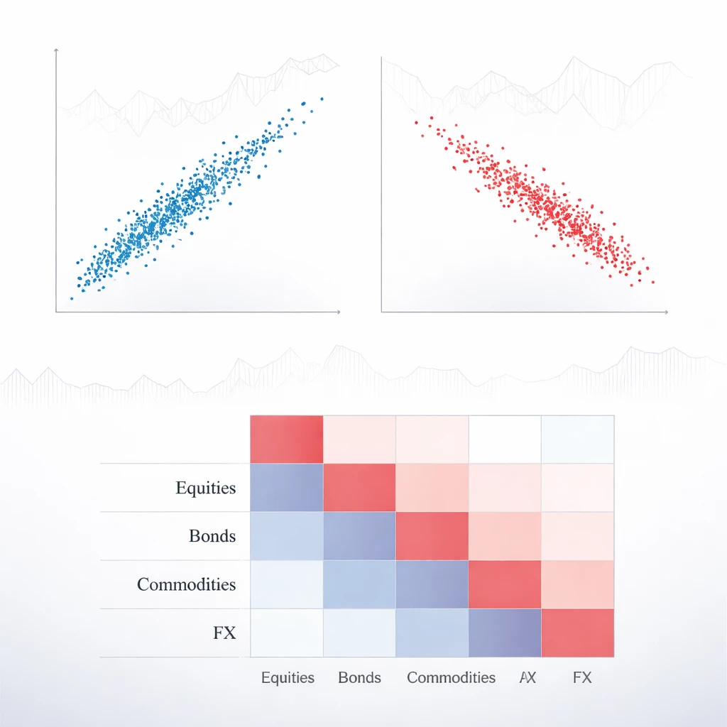 Two scatter plots illustrating positive and negative correlation, with a correlation heatmap of multiple assets beneath them.