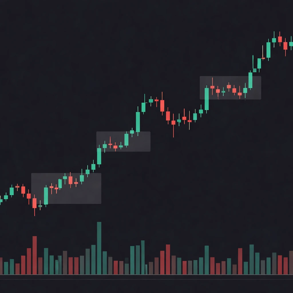 Candlestick chart illustrating several distinct price gaps with highlighted empty spaces between sessions and corresponding volume spike.
