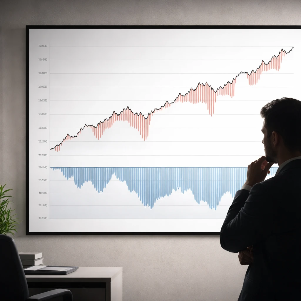 Equity curve with red-shaded drawdown regions observed by a trader silhouette in a modern office setting.