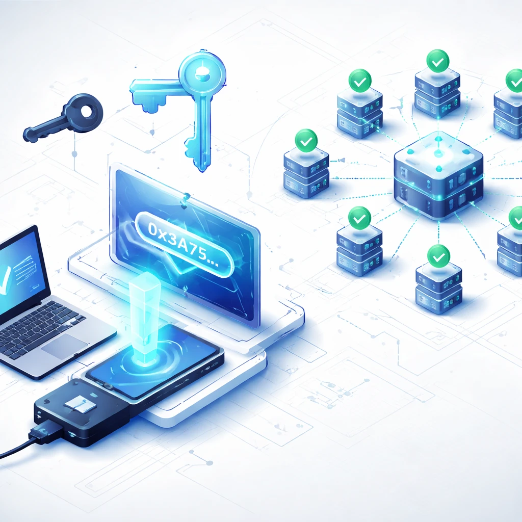 Isometric illustration of a hardware wallet signing a transaction, deriving a public key and address, and network nodes verifying the signature.