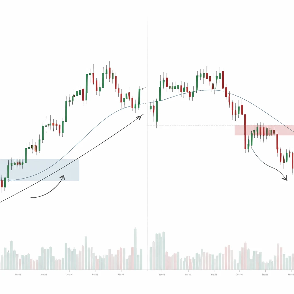 Chart illustrating a pullback within an uptrend alongside a structural reversal with a break of swing lows.