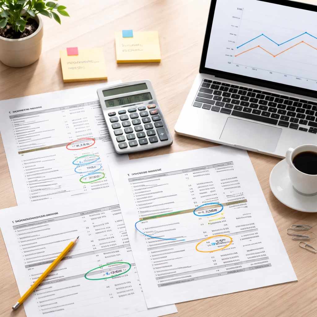 Overhead view of financial statements and cash flow analysis materials on a desk
